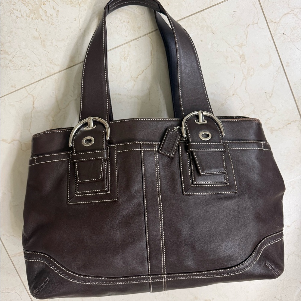 COACH SOHO Brown Leather Tote Bag Buckle Contrast Stitch Y2K Archive Vintage